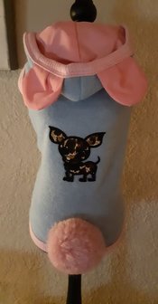 Hoodie blauw/roze met camou chihuahua en pompon maat S